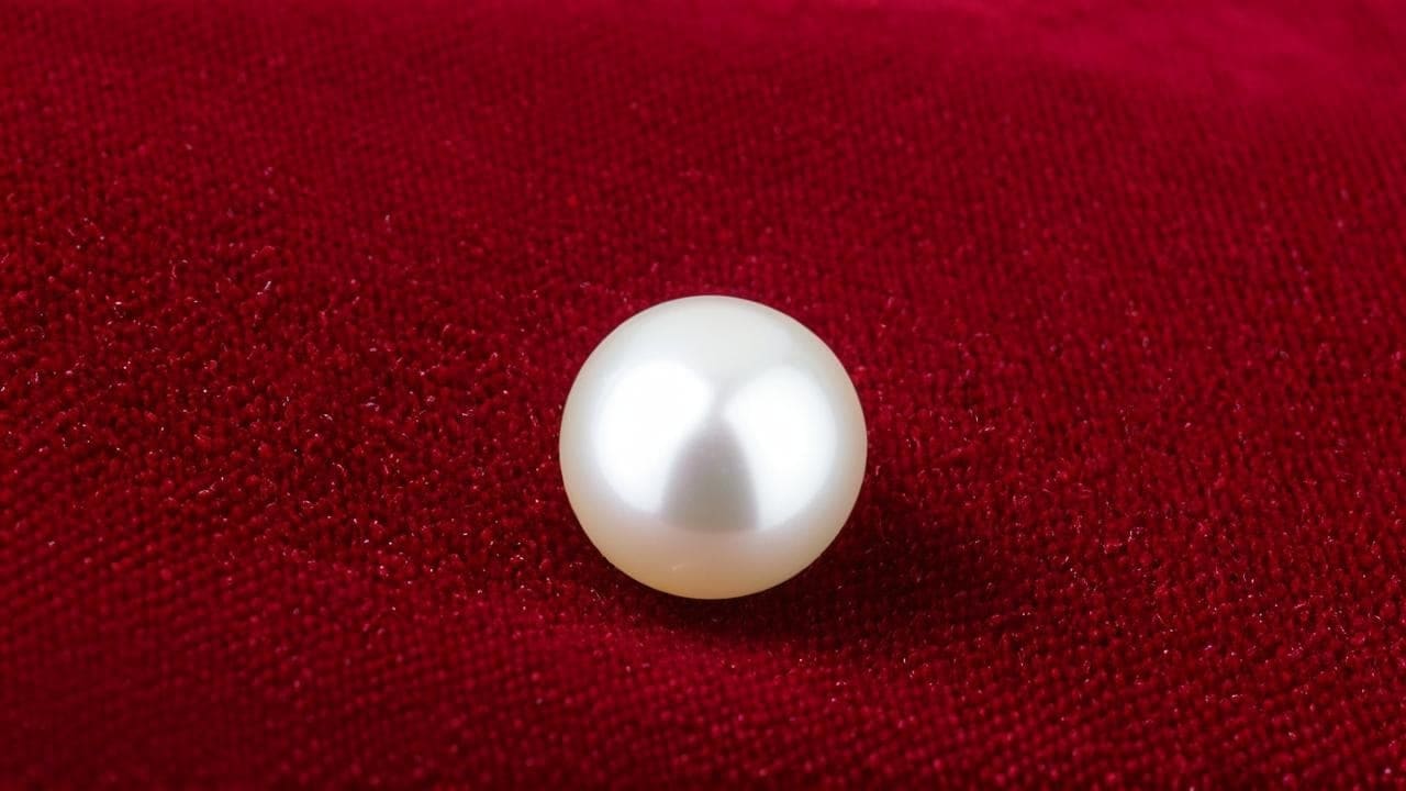 Single lustrous white pearl resting on deep red velvet