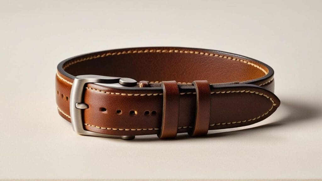 Broken in leather watch strap maintaining natural curved shape when not worn
