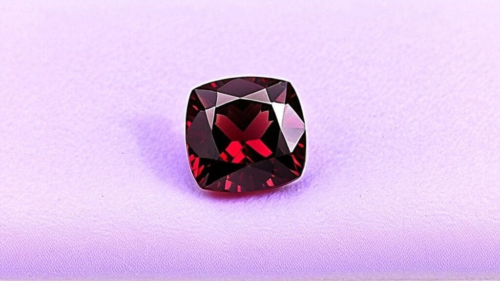 A cushion-cut almandine garnet gemstone with a striking red color and excellent faceting, displayed on a lavender background.