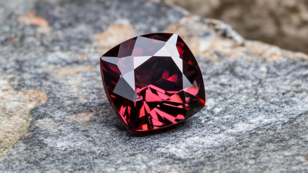 A cushion-cut almandine garnet with a deep red hue set on a gray rock, reflecting its exceptional luster and clarity.