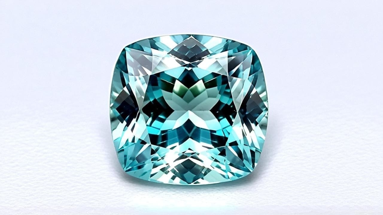 Cushion-cut aquamarine gemstone with crisp facets glowing blue-green on a pale background