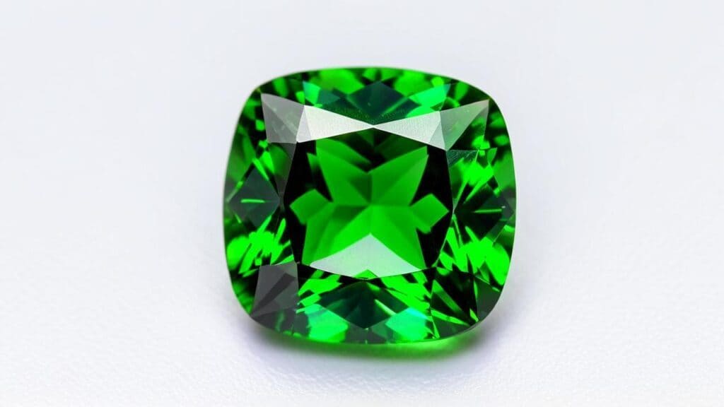 Cushion-cut chrome diopside gemstone showcasing rich green color and precision faceting on a light background.
