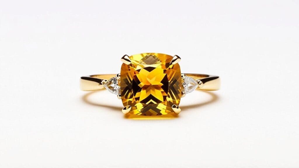 Cushion-cut citrine engagement ring set in yellow gold with side diamonds, displayed on a white background