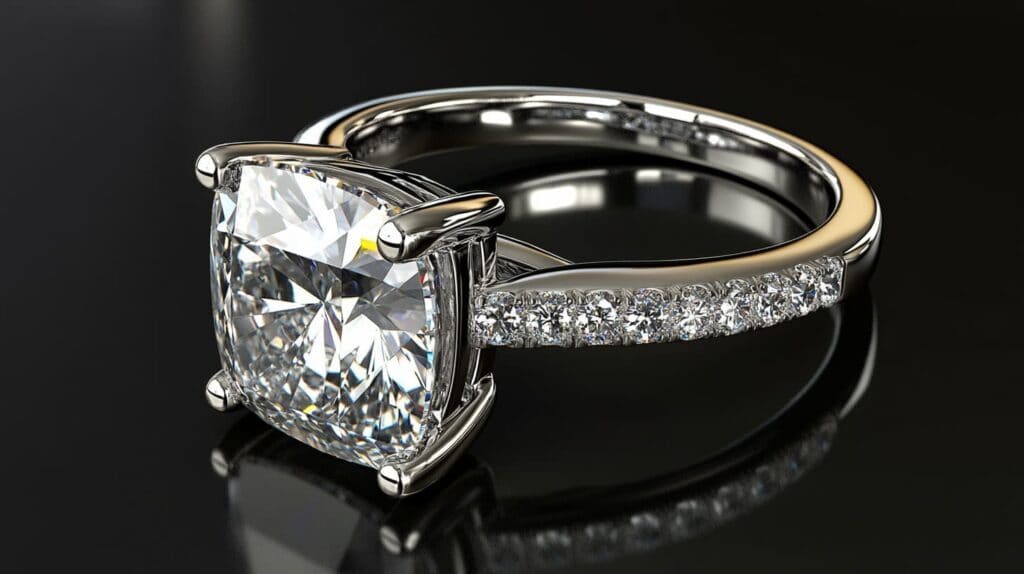 Close-up of a cushion cut diamond engagement ring with a pave band, set against a black background.