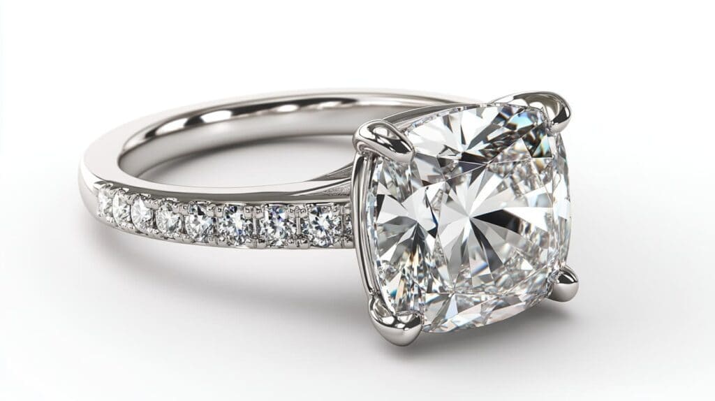 Elegant cushion cut diamond engagement ring with a pave setting, displayed on a white background.