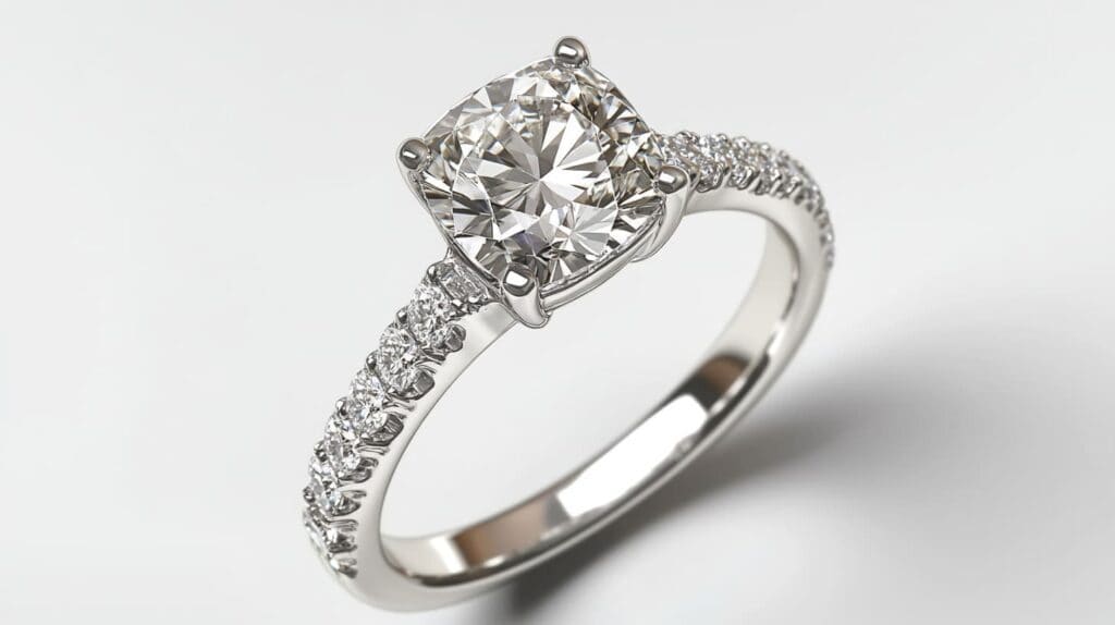 A cushion cut diamond engagement ring with a pave band, photographed from an angled perspective.