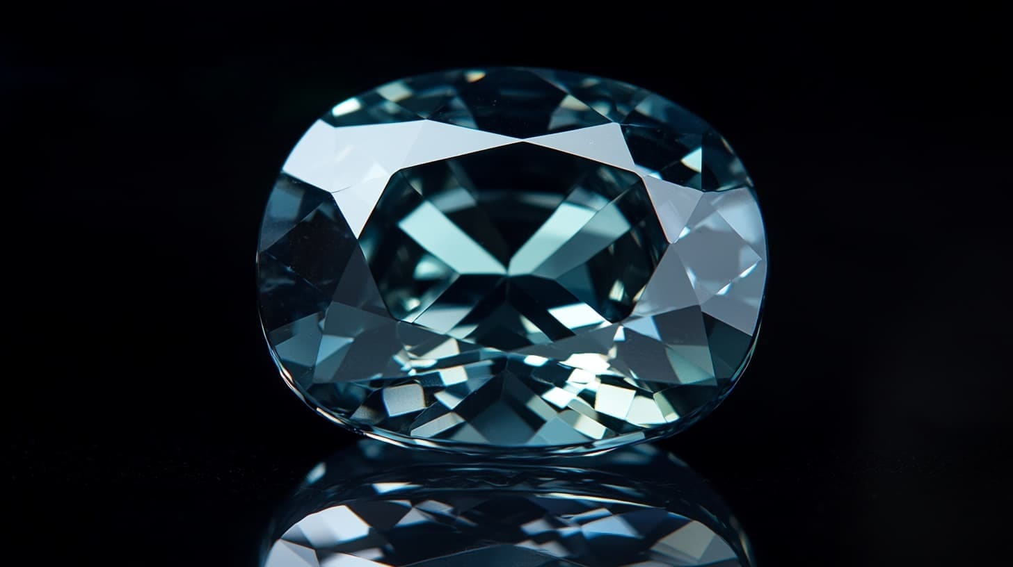 Cushion-cut gahnospinel in pale blue-grey reflected on black