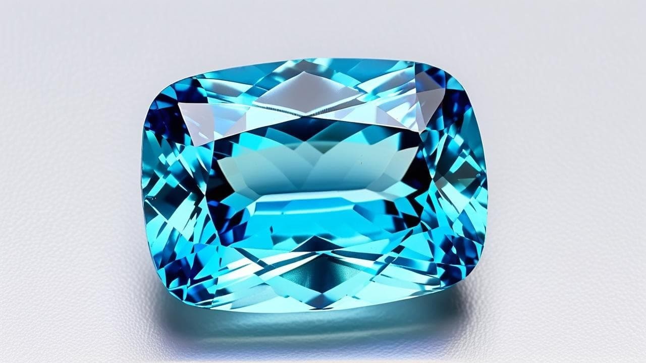 Cushion-cut London blue topaz with bright faceting on white