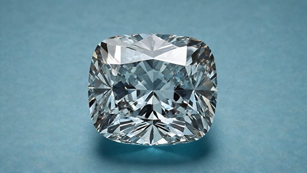 A vintage Old Mine Cut diamond with a cushion shape, set against a blue background, emphasizing its antique beauty and brilliance.