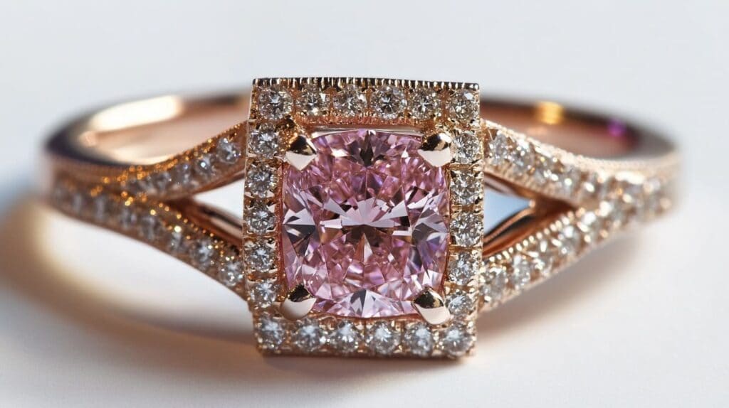 Stunning cushion-cut pink diamond engagement ring set in rose gold with a halo of accent diamonds.