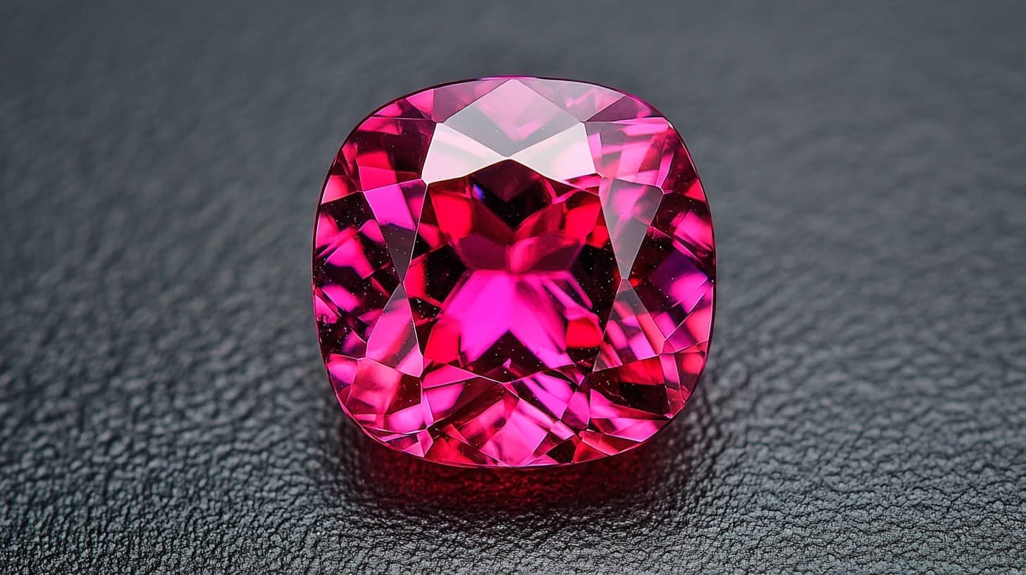 Cushion-cut rubellite tourmaline in hot pink on dark leather