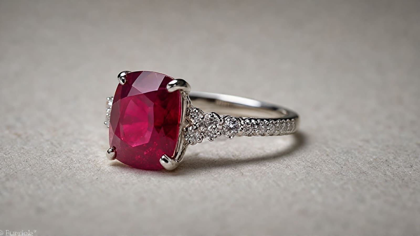 Cushion-cut ruby engagement ring in white gold with diamond-accented band