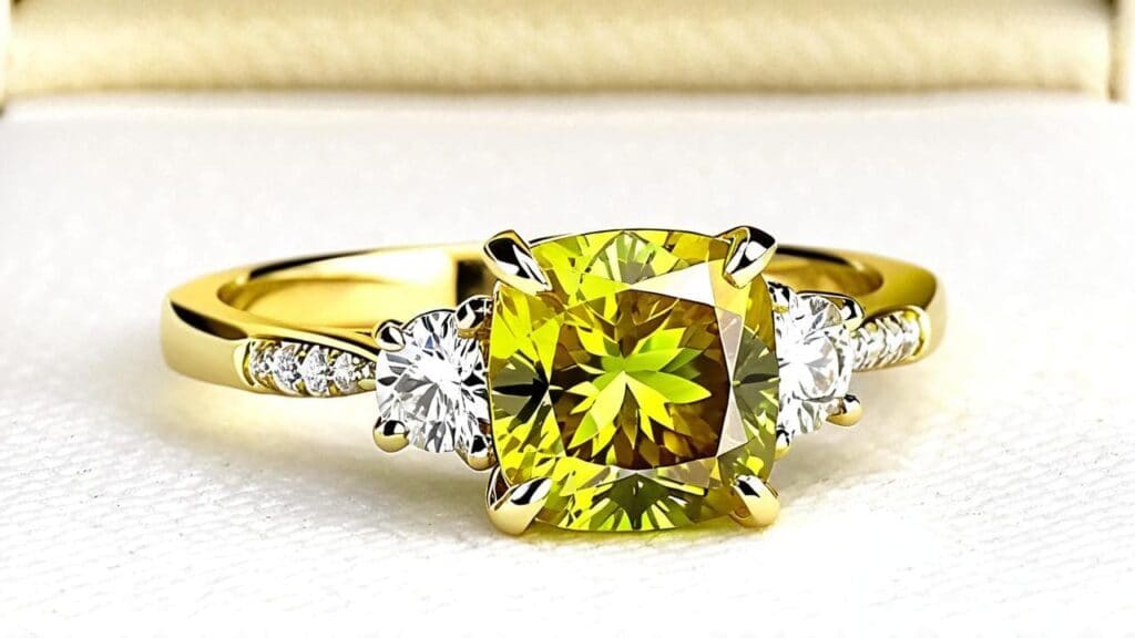 Cushion-cut sphene engagement ring in yellow gold with side diamonds and high brilliance