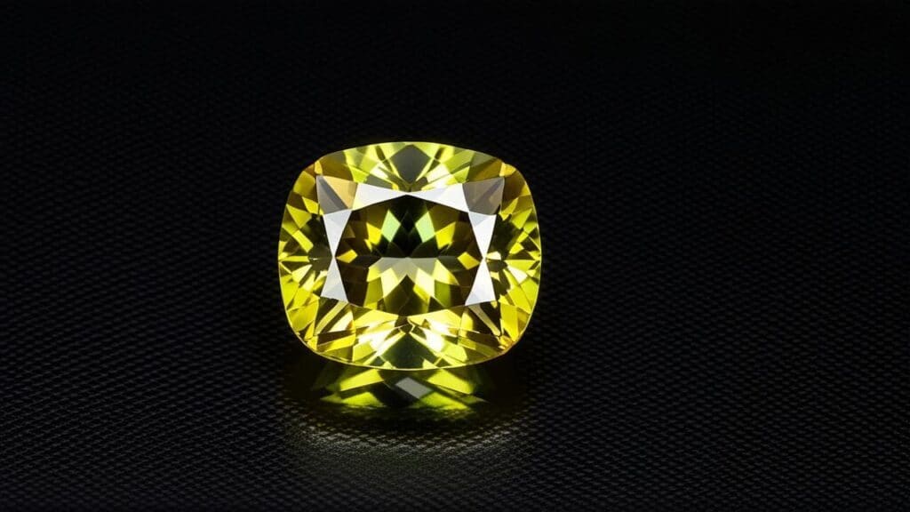 A cushion-cut yellow chrysoberyl gemstone with a striking play of light, resting on a black textured surface for contrast.