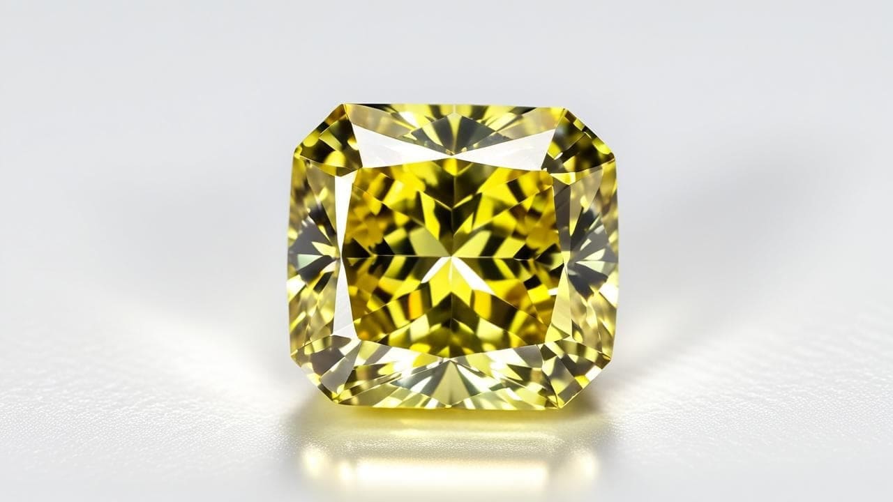 Radiant-cut yellow diamond with bright faceting on a white surface