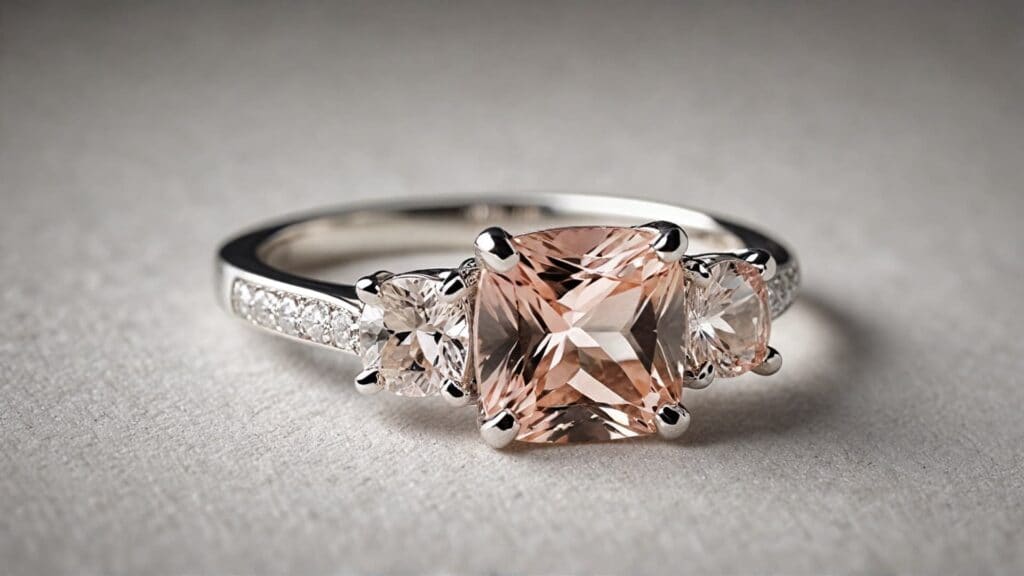 Cushion-cut morganite engagement ring in white gold with a three-stone diamond setting, offering a sophisticated and timeless design.