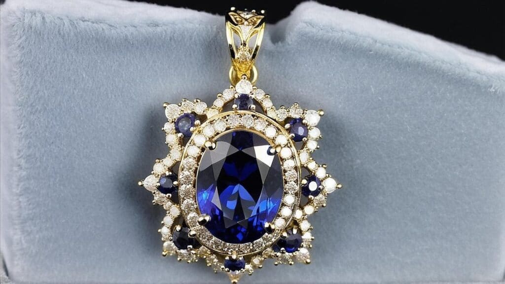 Handcrafted bespoke sapphire pendant with diamond halo exemplifying the intricate design work and premium materials used in custom jewelry creation process