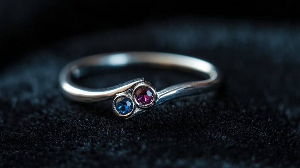 Delicate silver ring with two gemstones in blue and purple, symbolizing custom birthstone designs for a thoughtful friendship gift.