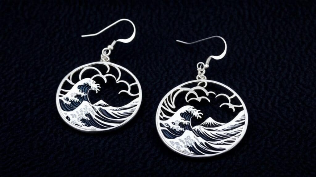 Cut-out metal drop earrings with Japanese wave design, reflecting water symbolism and natural beauty.