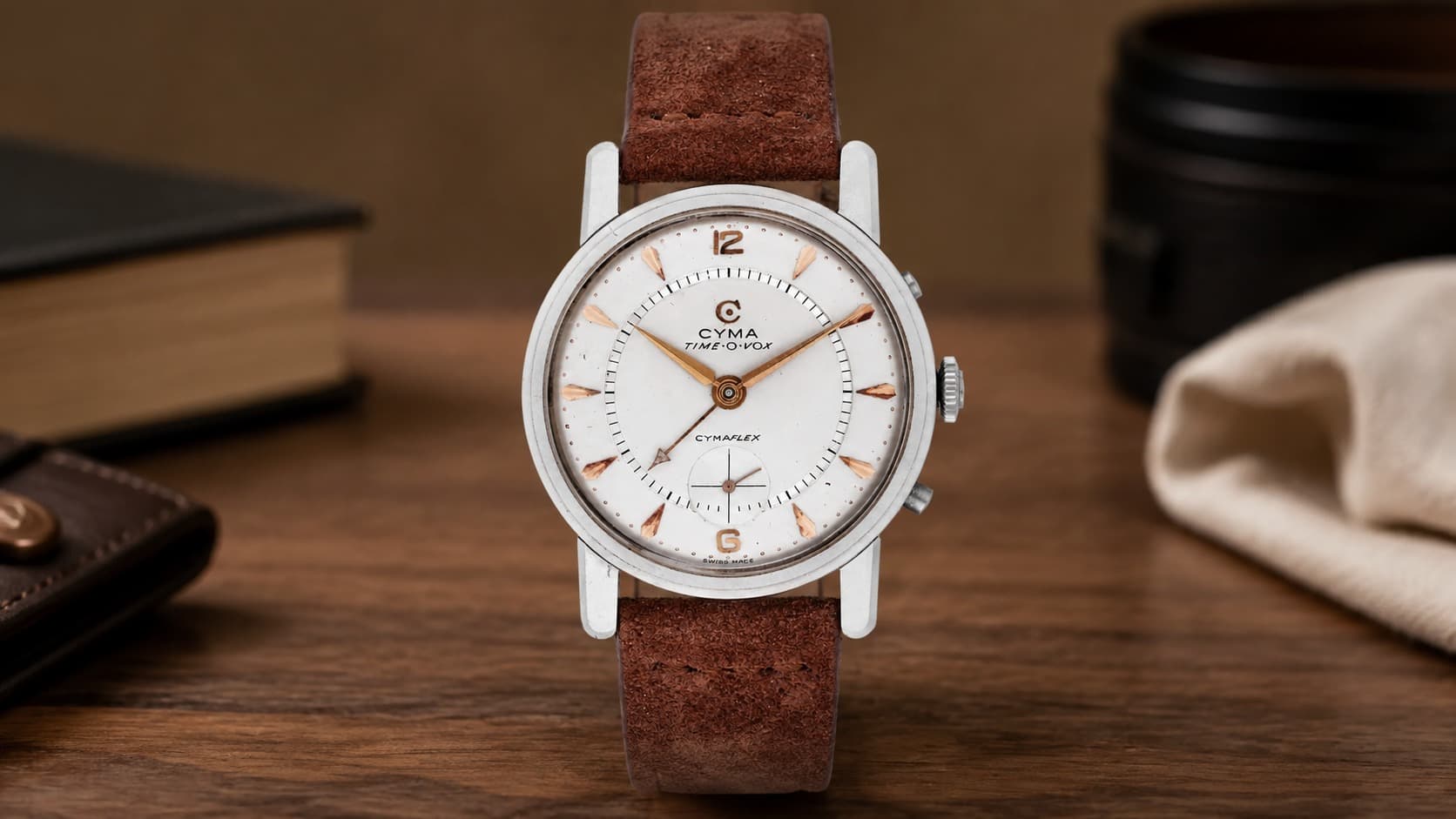 Cyma Time-O-Vox vintage alarm watch with white dial and brown leather strap