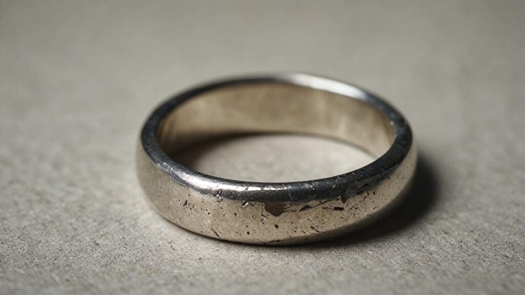 Tarnished and damaged silver ring showing effects of hair product chemical exposure