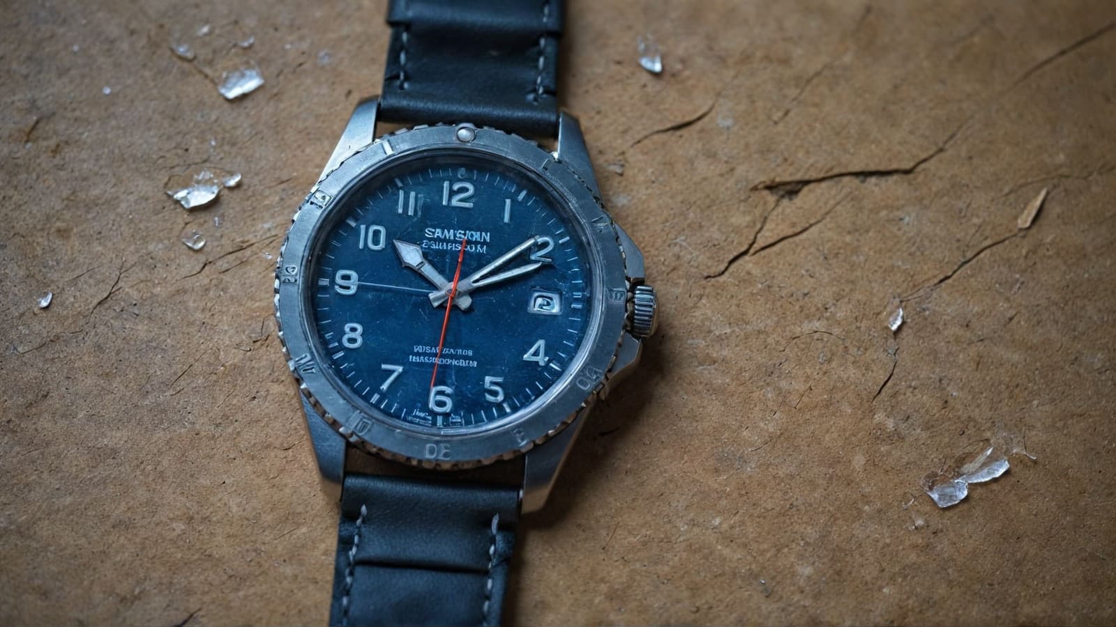 Dive watch with black leather strap lying beside shards of its shattered crystal