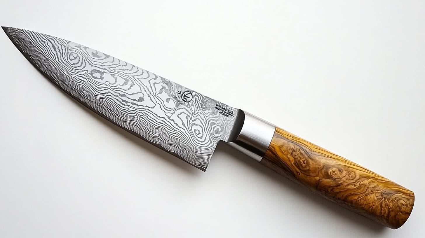 Damascus steel chef's knife with a swirling patterned blade and olive wood handle