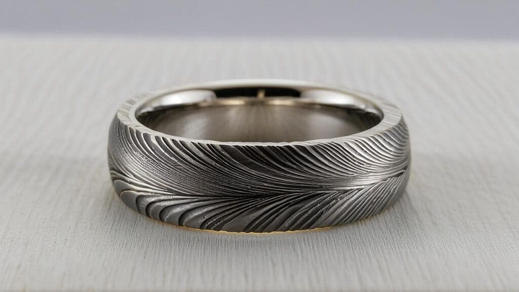 Damascus steel ring with a layered pattern, a style that cannot be resized without ruining its unique forged texture