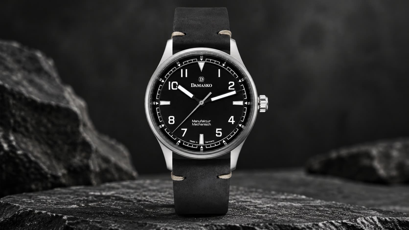 Damasko DF10 Black pilot watch with a black dial and black leather strap