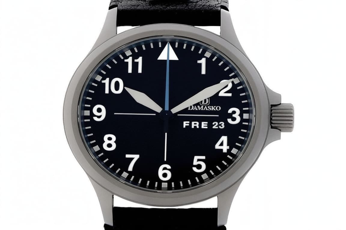 Damasko pilot watch with black dial, white numerals and day-date on bead-blasted steel case