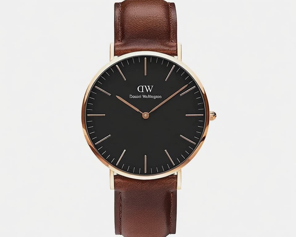 Daniel Wellington Classic with black minimalist dial, rose gold case and brown leather strap