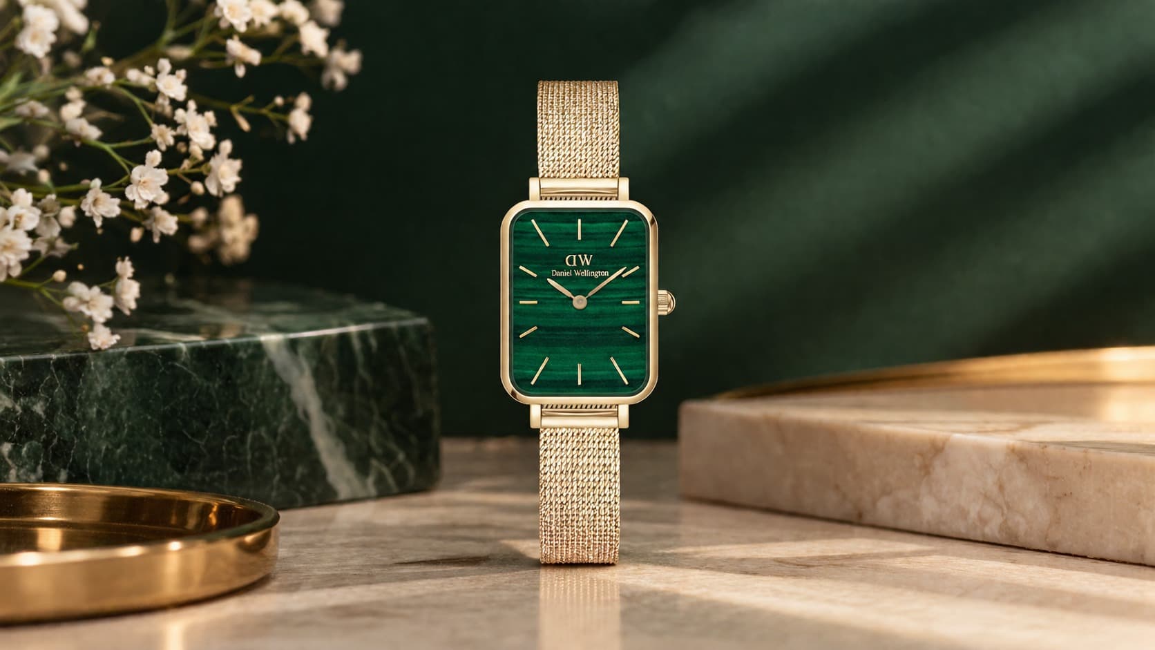 Daniel Wellington Quadro Pressed Evergold Green watch with gold mesh strap