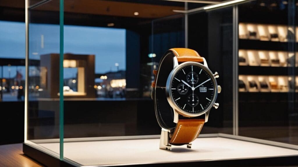 Danish chronograph watch with black dial and tan leather strap displayed in glass showcase, exemplifying classic Scandinavian minimalist design