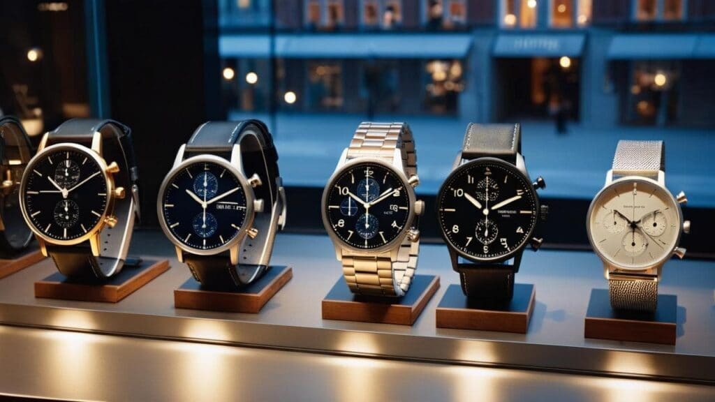Collection of Danish watches featuring various styles with leather straps, metal bracelets, and minimalist dials in a Copenhagen showroom