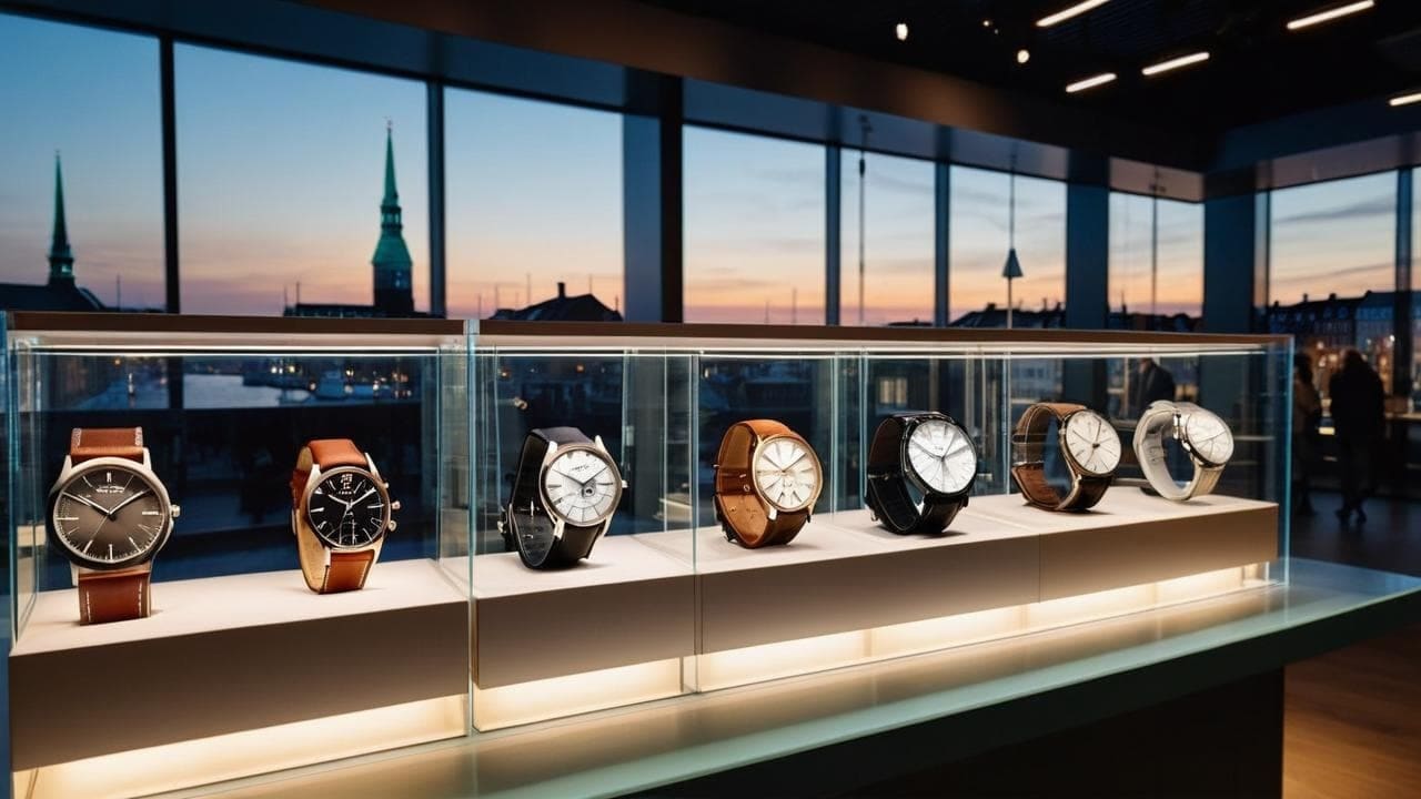 Minimalist watches in illuminated glass cases against a Copenhagen sunset window