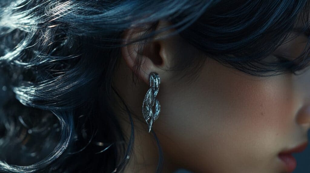 Side view of a woman with dark hair wearing intricate platinum earrings, highlighting contrast with her cool-toned hairstyle.