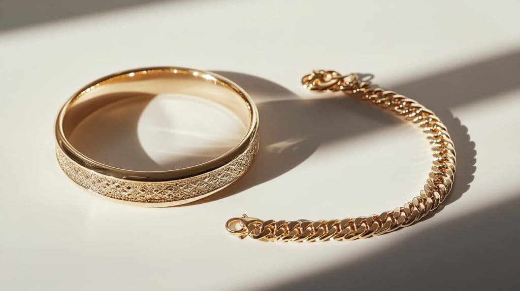 A decorative gold bangle and a chain bracelet placed side by side, showcasing intricate details under natural light.