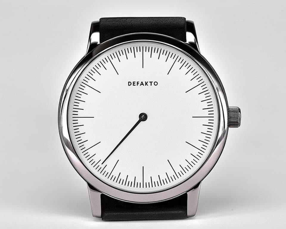 Defakto Eins single-hand watch with white dial, black leather strap, and minimalist German design showing unique time display