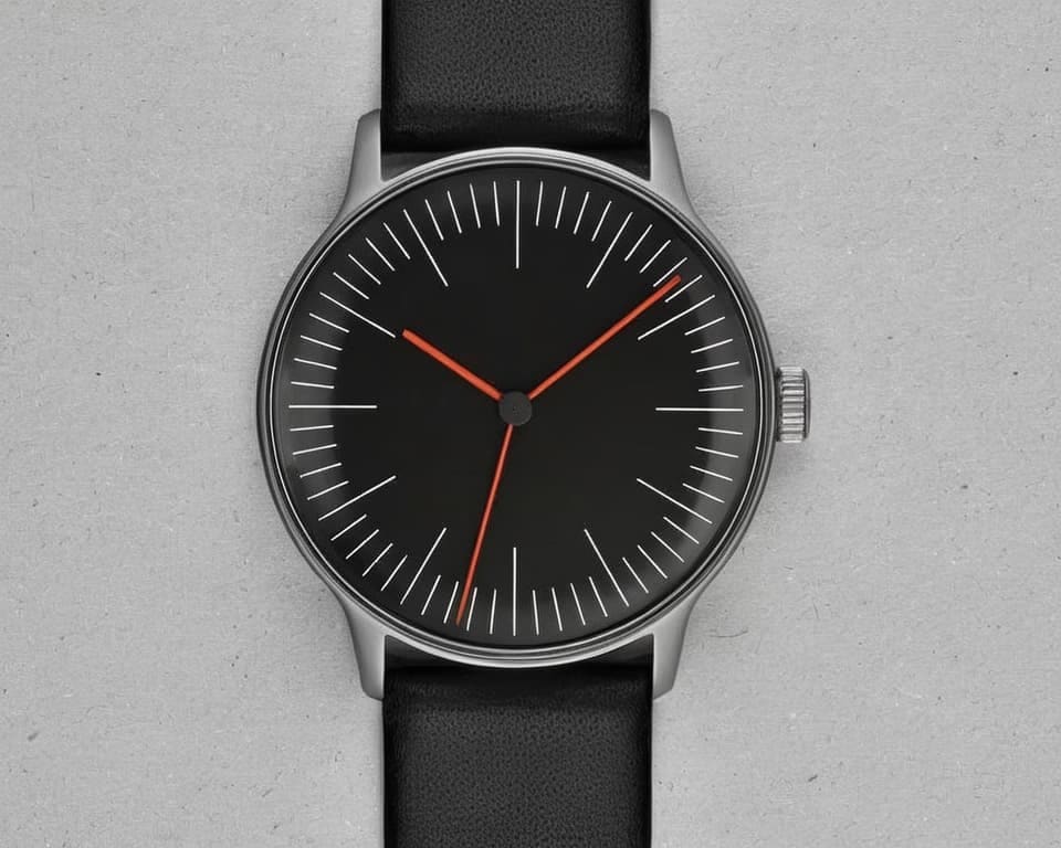 Minimalist Defakto watch with black dial, orange-red hands and black leather strap