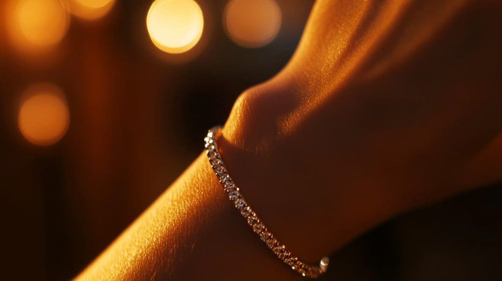Delicate diamond tennis bracelet on wrist in warm evening lighting, showing proper bracelet fit and placement