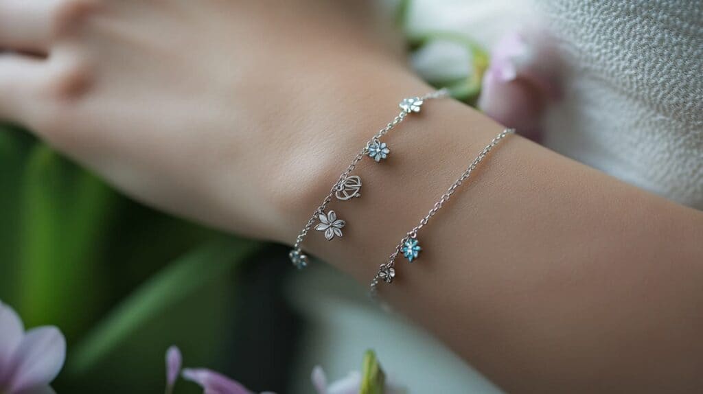 Delicate silver bracelets with floral charms, embodying Nordic spring style, worn on a wrist.