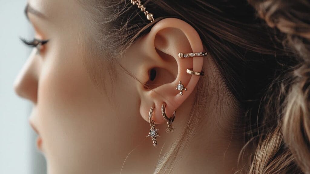 Side profile of an ear with delicate gold ear cuffs and layered hoops, creating a minimalist and elegant look.