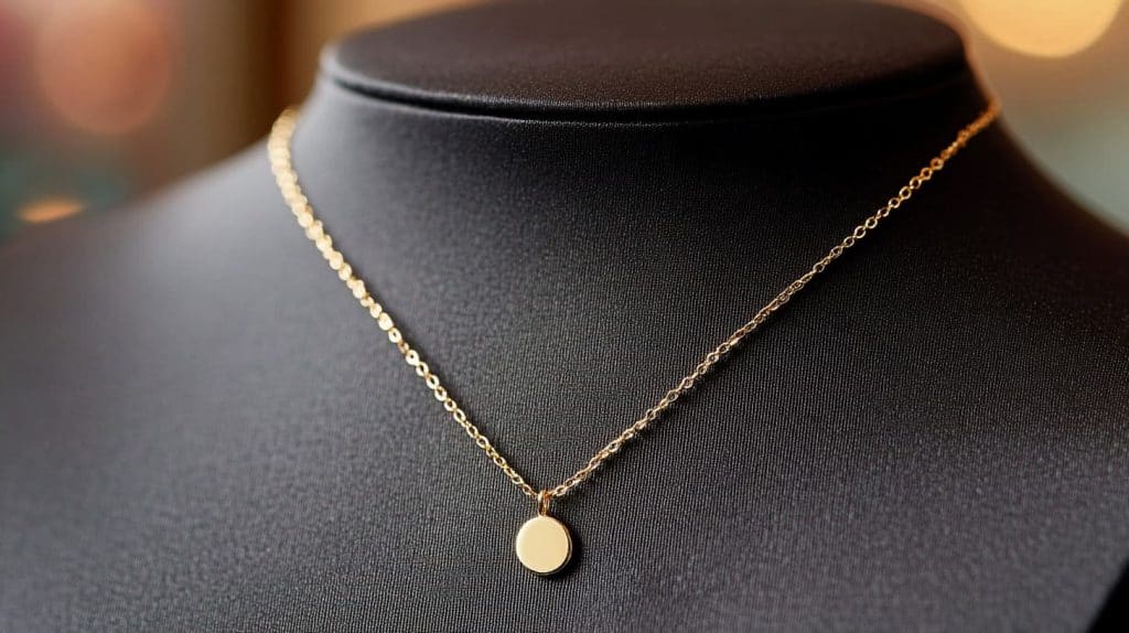 Minimalist gold necklace with a round pendant displayed on a black jewelry stand, ideal for showcasing modern and elegant jewelry designs.