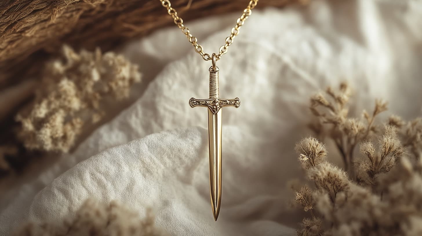 Slim gold sword pendant on a chain over cream linen and dried flowers