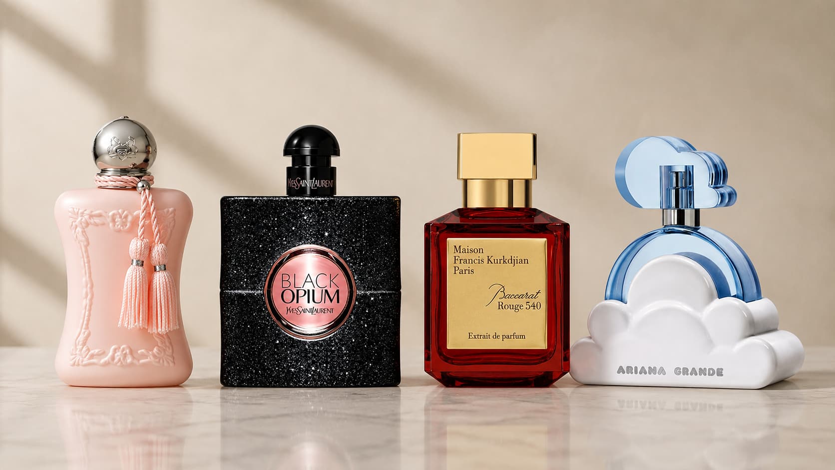 Popular women's signature scents: Delina by Parfums de Marly, YSL Black Opium, Baccarat Rouge 540, and Ariana Grande Cloud