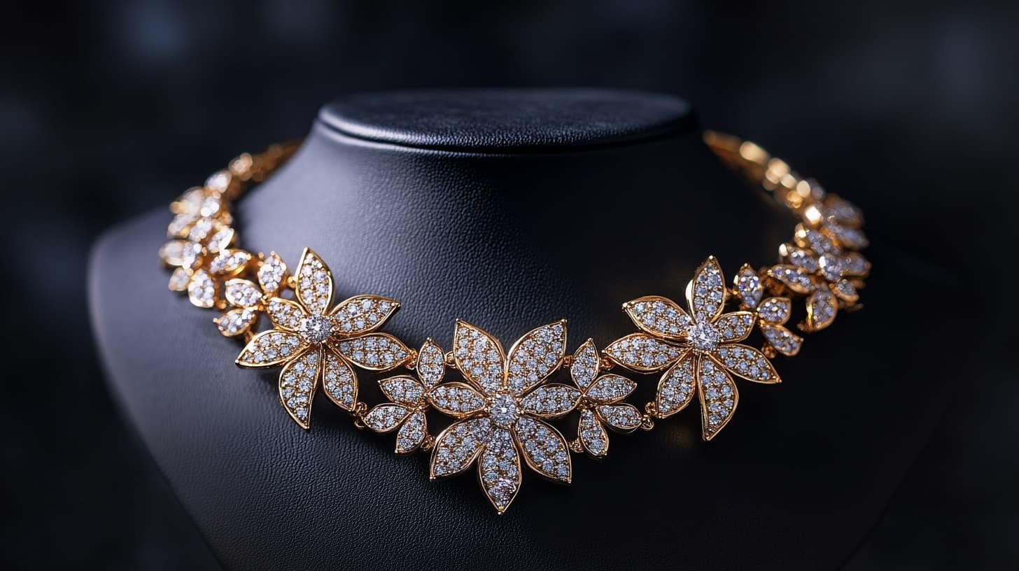 Gold floral necklace covered in pave diamonds on a black display bust