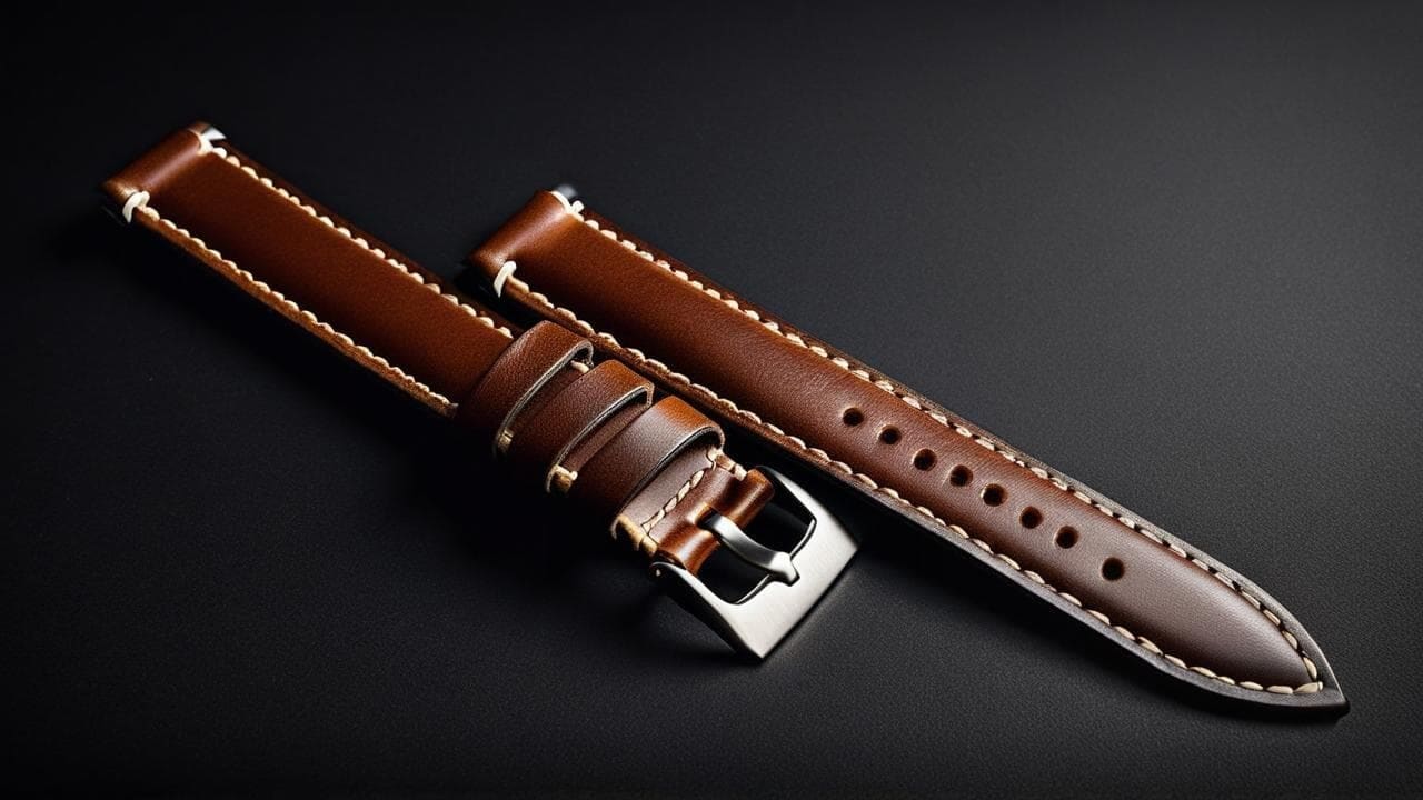 Two detached brown leather watch strap halves with steel buckle on black