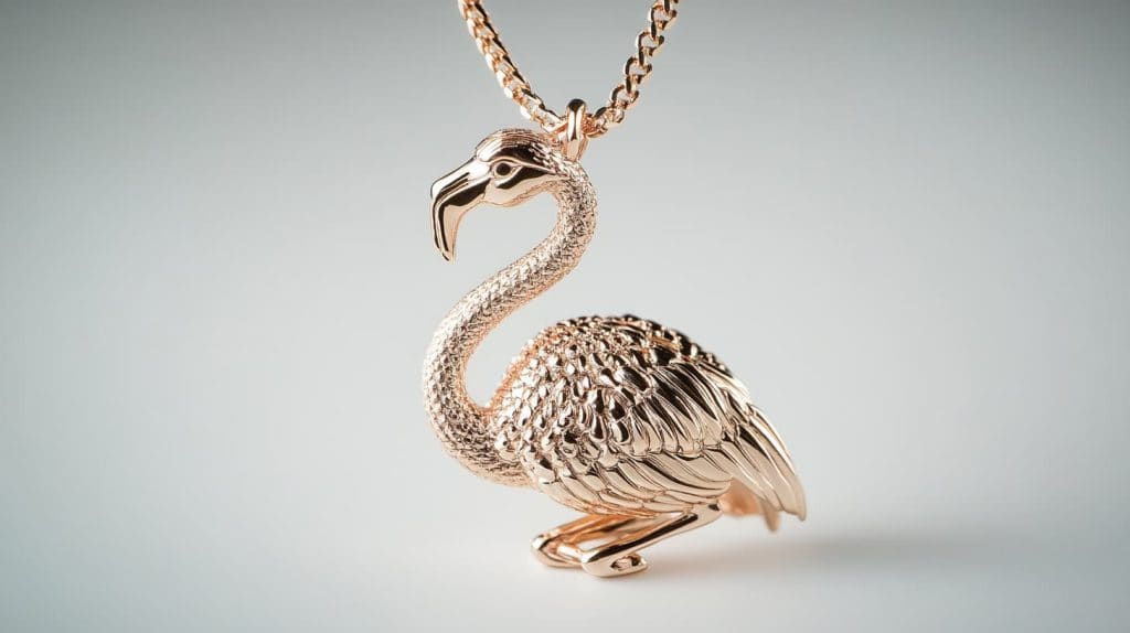 An intricately designed rose gold flamingo pendant with detailed feather patterns, symbolizing elegance and artistic craftsmanship.