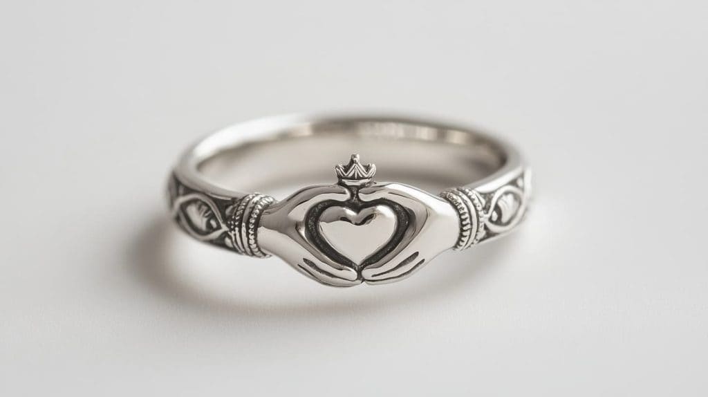 A polished silver Claddagh ring highlighting intricate details of the crowned heart, hands, and band design, representing traditional Irish jewelry symbolism.