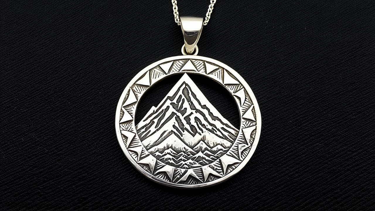 Round silver pendant with an engraved mountain peak inside a sunray border